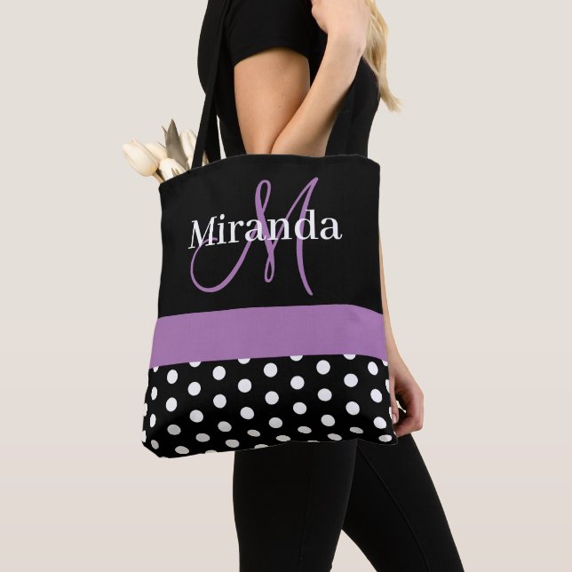 Black White Purple Monogram Script Polka Dots Tote Bag (Close Up)
