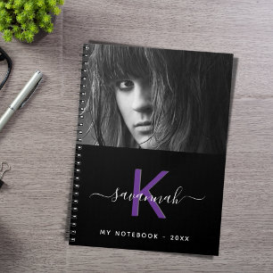 Black white purple photo monogram script notebook