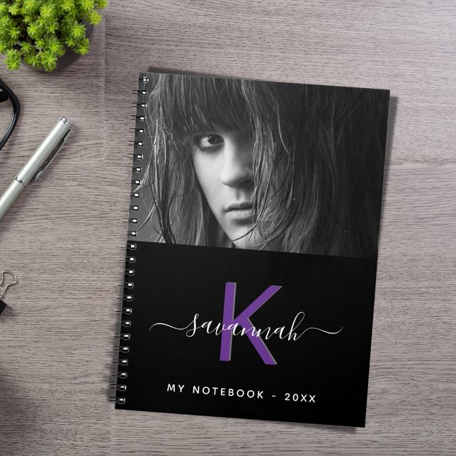 Black white purple photo monogram script notebook (Creator Uploaded)