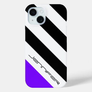 Black, White, Purple Stripe, Name, Minimalist iPhone 15 Case