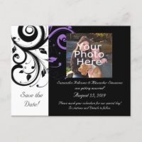 Black White Purple Swirl Accent Save the Date Card