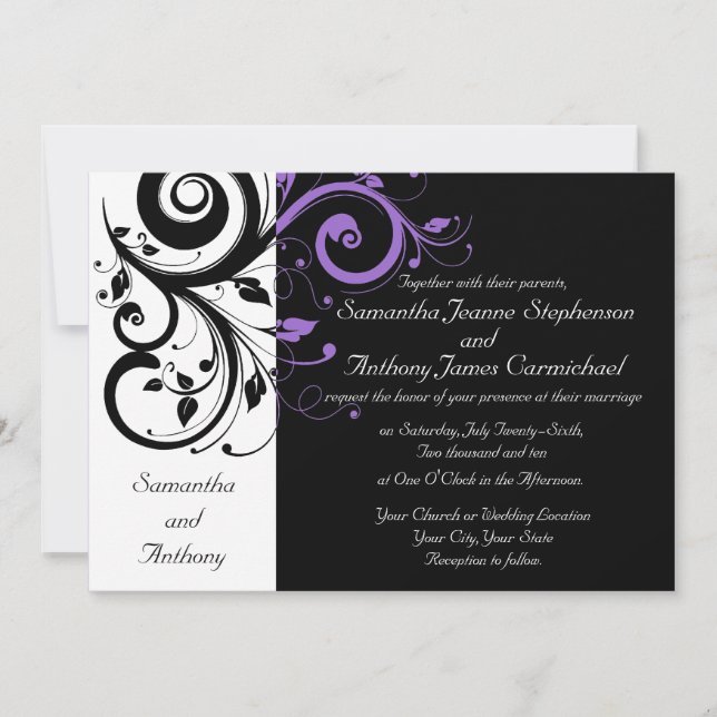 Black White Purple Swirl Wedding Invitations (Front)