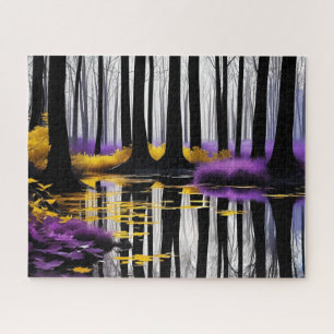 Black White Purple Yellow Forest Reflection Jigsaw Puzzle