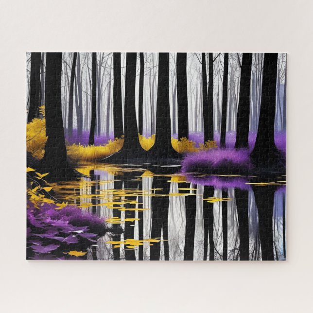 Black White Purple Yellow Forest Reflection Jigsaw Puzzle (Horizontal)