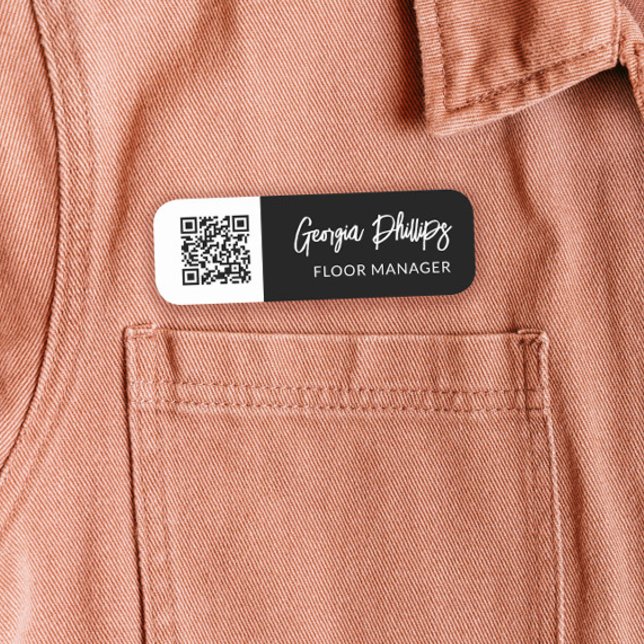 Black & White QR Code Brush Script Name Tag (Creator Uploaded)