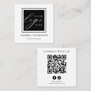 Black White QR code Custom Logo Connect with Us Square Business Card