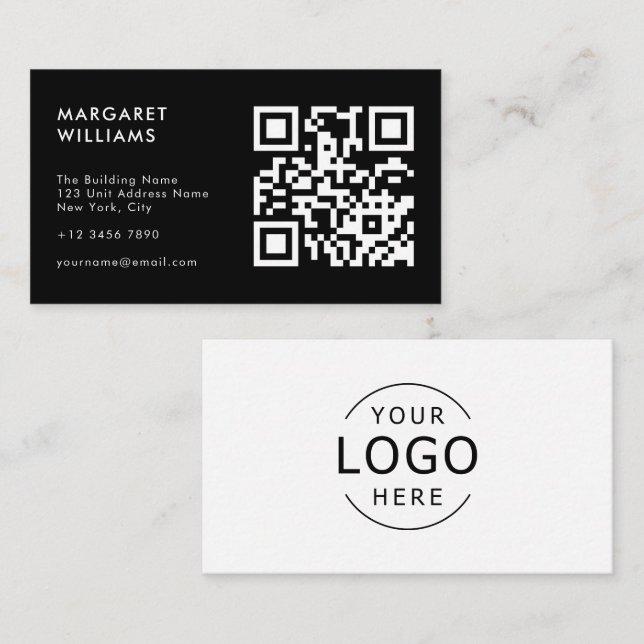 Black & White QR Code Logo Modern Professional Business Card (Front/Back)