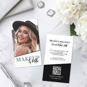 Black White QR Code Photo Makeup Vertical Business Card