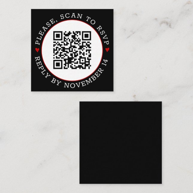 Black white QR code RSVP border red hearts wedding Enclosure Card (Front/Back)
