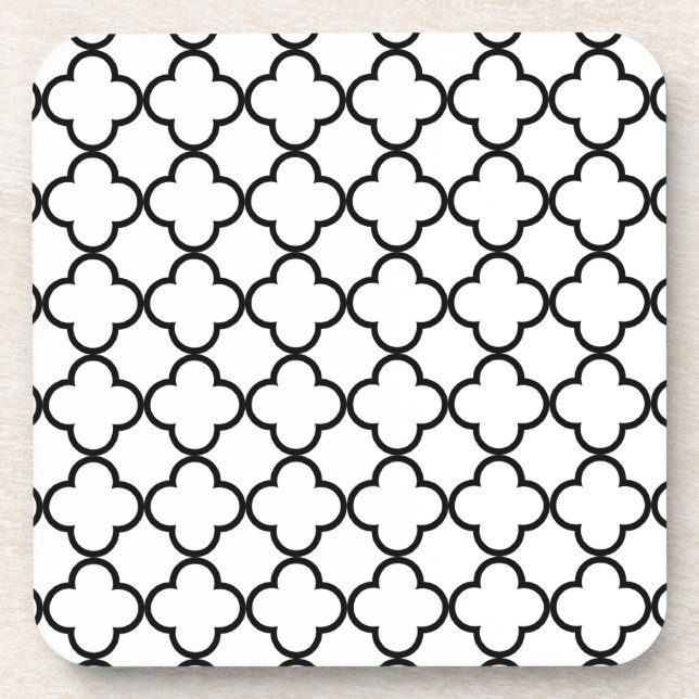 Black White Quatrefoil Pattern Coaster (Front)