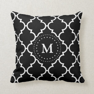 Black White Quatrefoil Pattern Monogrammed Pillow