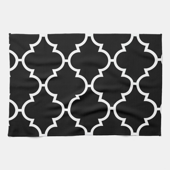 Black White Quatrefoil Pattern Tea Towel (Horizontal)