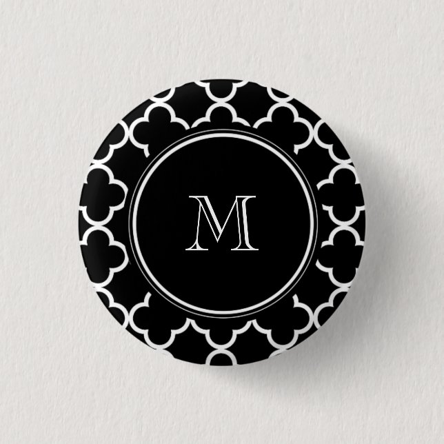 Black White Quatrefoil Pattern, Your Monogram 3 Cm Round Badge (Front)