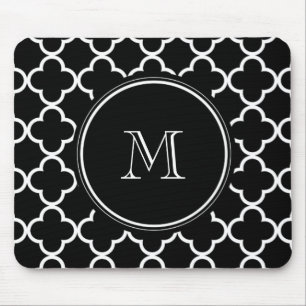 Black White Quatrefoil Pattern, Your Monogram Mouse Pad