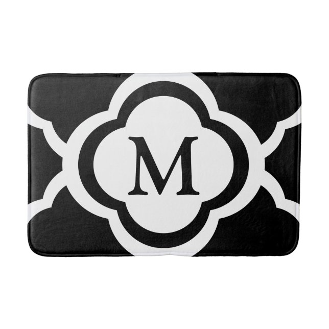 Black & White Quatrefoil Personalizable Monogram Bath Mat (Front)