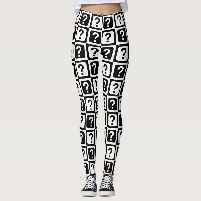 Black White Question Mark Riddle Block Monogram Leggings (Front)