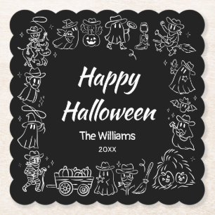 Black & White Quirky Hand Drawn Doodles Halloween Paper Coaster