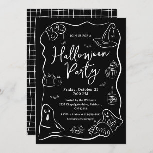 Black & White Quirky Hand Drawn Halloween Party Invitation