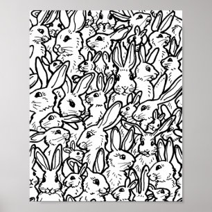 Black & White Rabbit Bunny Drawings Modern Pattern Poster