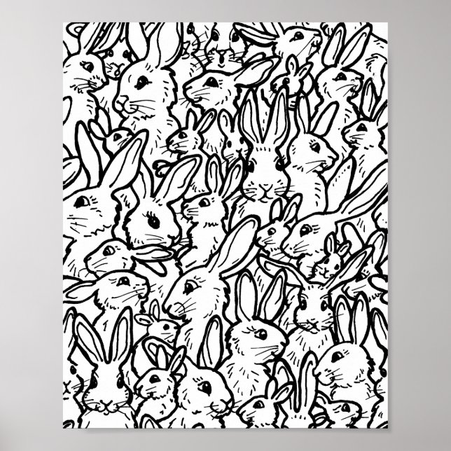 Black & White Rabbit Bunny Drawings Modern Pattern Poster (Front)
