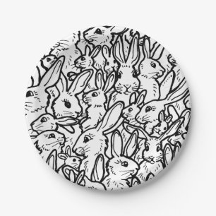 Black & White Rabbit Drawing Modern Bunny Pattern Paper Plate