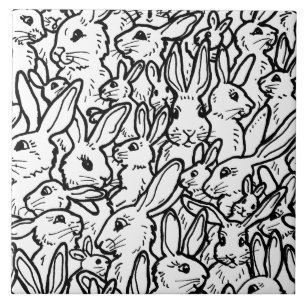 Black & White Rabbit Drawings Cute Bunny Pattern Ceramic Tile