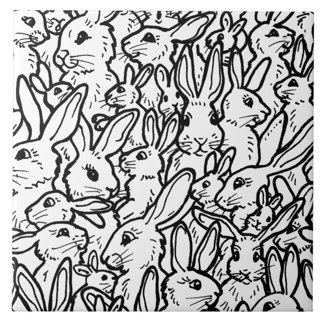 Black & White Rabbit Drawings Cute Bunny Pattern Ceramic Tile (Front)