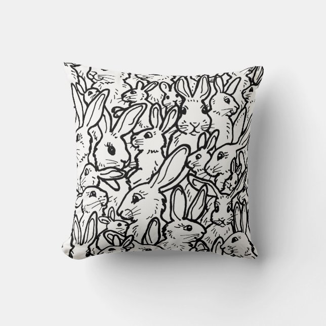 Black & White Rabbit Drawings Cute Bunny Pattern Cushion (Front)