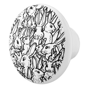 Black & White Rabbit Drawings Cute Unique Bunny Ceramic Knob