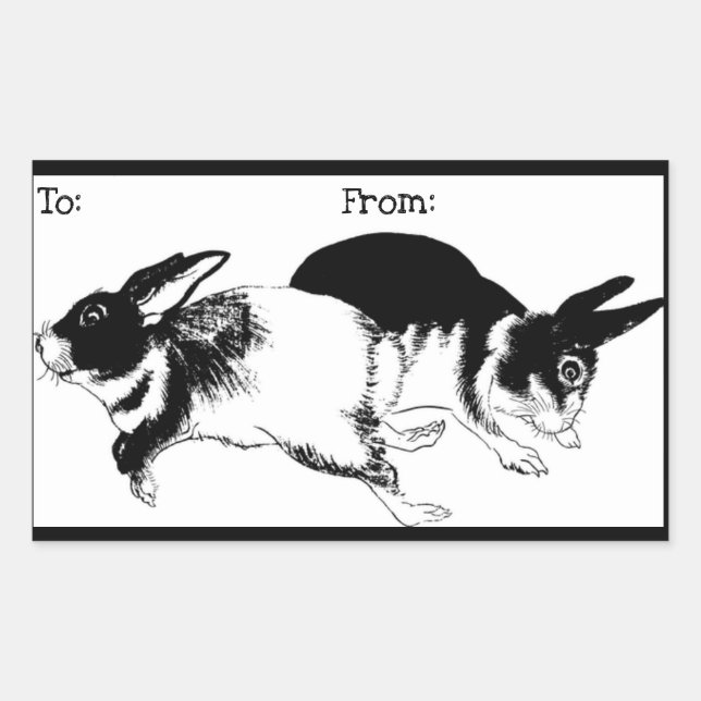 Black & White Rabbits Playing, Gift Tag Sticker (Front)