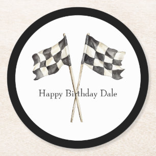Black White Racing Race Car Flags Birthday Round Paper Coaster