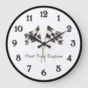 Black White Racing Race Car Flags Large Clock