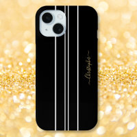 Black White Racing Stripes Chic Gold Monogrammed