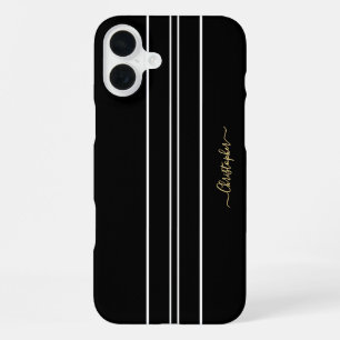 Black White Racing Stripes Chic Gold Monogrammed iPhone 16 Plus Case