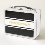 Black White Racing Stripes Gold Monogram Kids Boys Metal Lunch Box<br><div class="desc">Create your own custom, personalised, cool, classy, stylish, classic, black and white racing stripes design, faux gold typography / script / font monogram monogrammed, modern, chic, adorable, durable food safe tin plate, food contact safe interior material, classic style kids girls boys metal school lunch box with collapsible black plastic handles....</div>