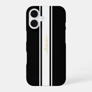 Black White Racing Stripes Gold Monogrammed Chic iPhone 16 Case