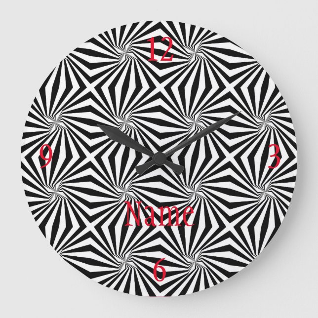 Black White Radiating Pattern Thunder_Cove Large Clock (Front)