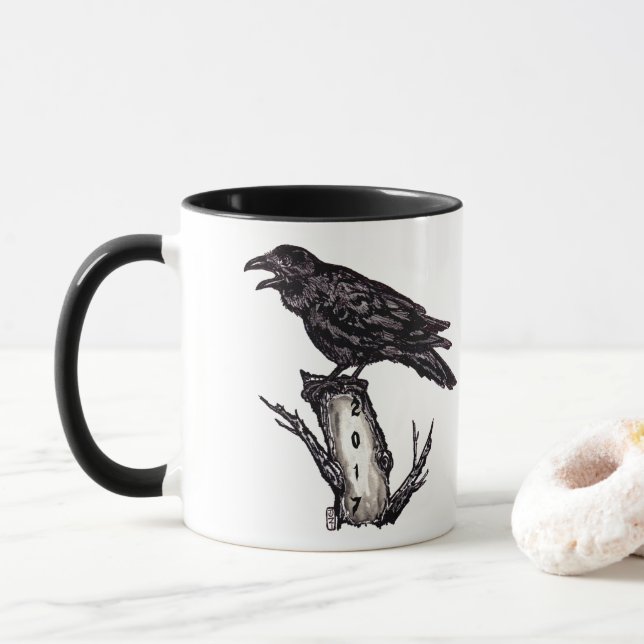 Black & White Raven Mug Halloween Personalise Date (With Donut)