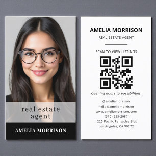 Black White Real Estate Agent QR Code Photo Business Card