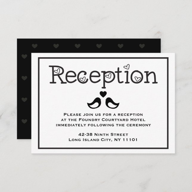 Black  & White Reception Lovebirds Hearts Wedding Invitation (Front/Back)
