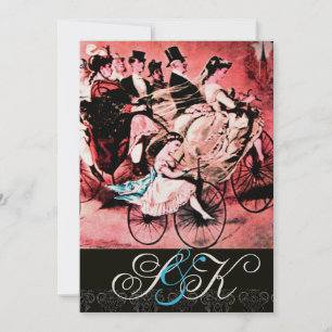 BLACK WHITE RED BICYCLE WEDDING DAMASK MONOGRAM INVITATION