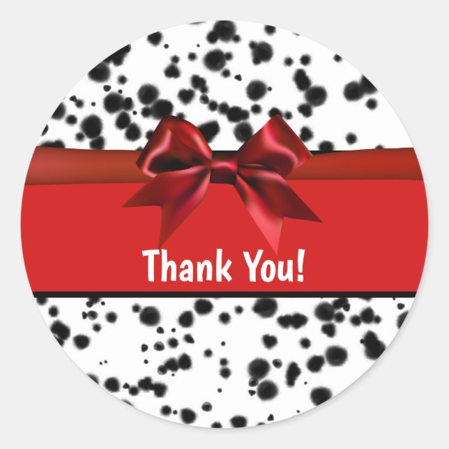 Black White Red Bow Dalmatian Spots Birthday Party Classic Round Sticker (Front)