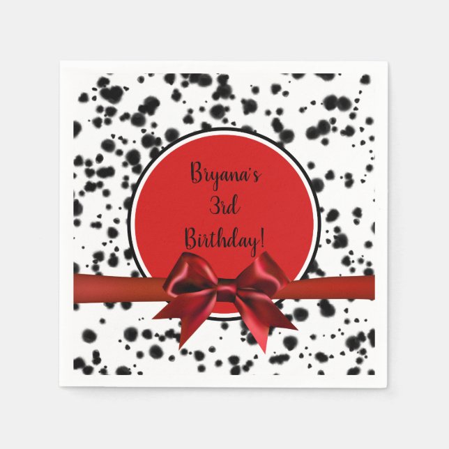 Black White Red Bow Dalmatian Spots Birthday Party Napkin (Front)