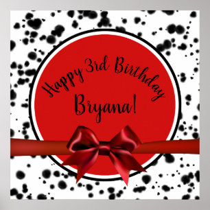 Black White Red Bow Dalmatian Spots Birthday Party Poster