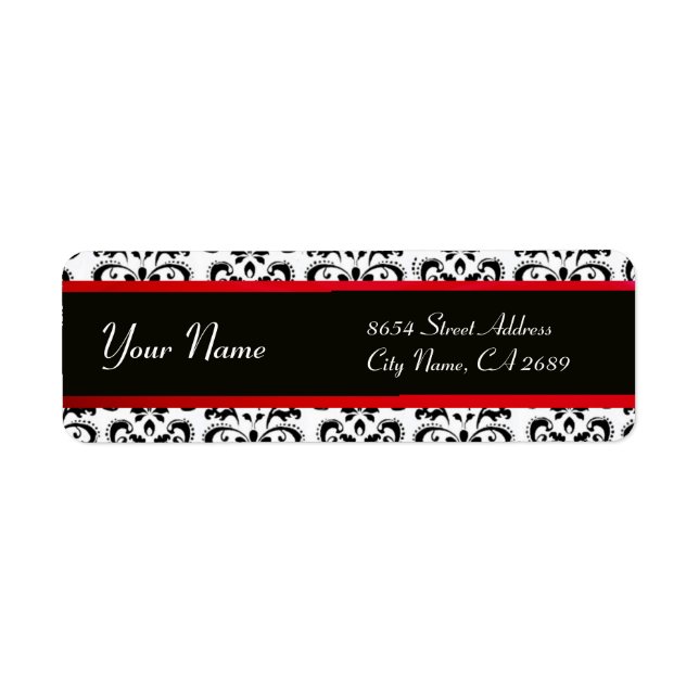 BLACK WHITE RED BURGUNDY DAMASK RETURN ADDRESS LABEL (Front)