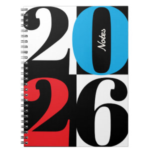 Black White Red Cyan Bold Year Color Block Notebook