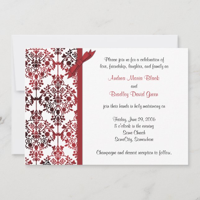 Black White Red Damask Floral Wedding Invitation (Front)