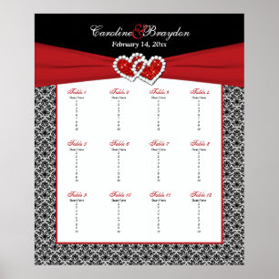 Black White Red Damask Heart Table Seating Poster