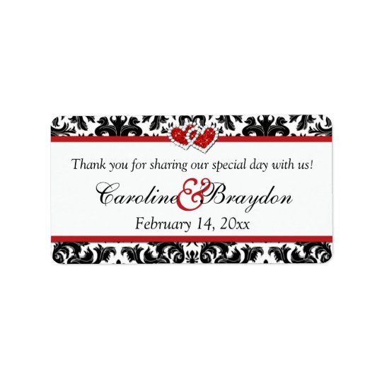 Black White Red Damask, Hearts Wedding Favour Address Label