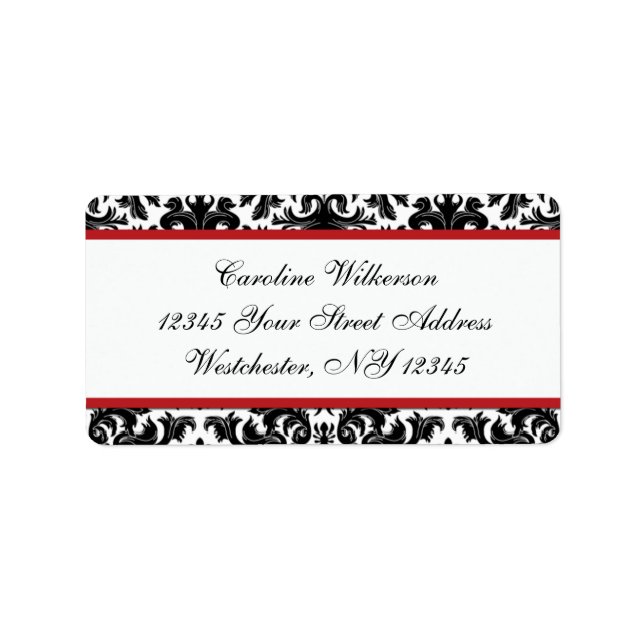 Black White Red Damask Return Address Label (Front)